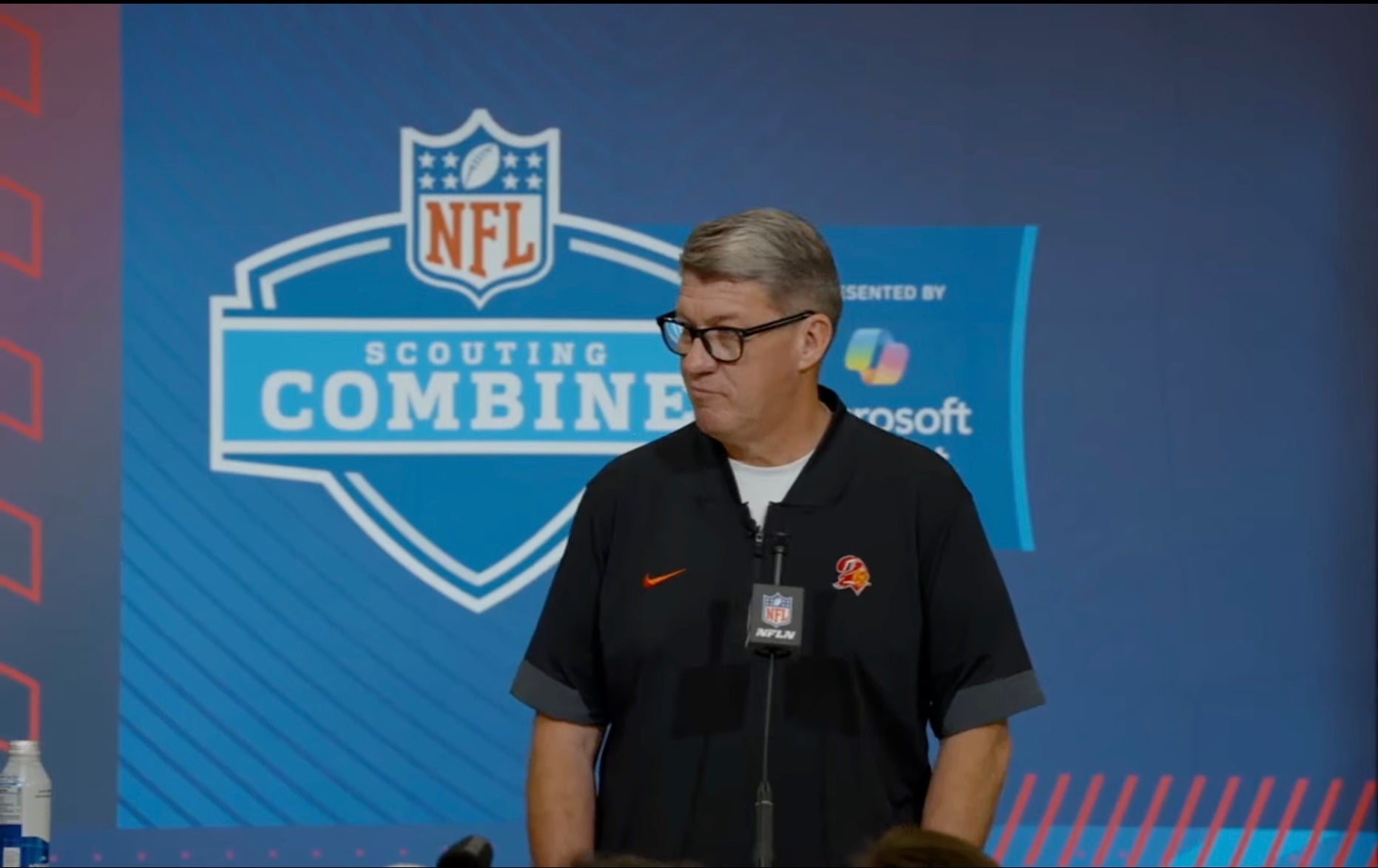 Jason Licht speaks with reporters at the NFL Combine on February 24, 2026.